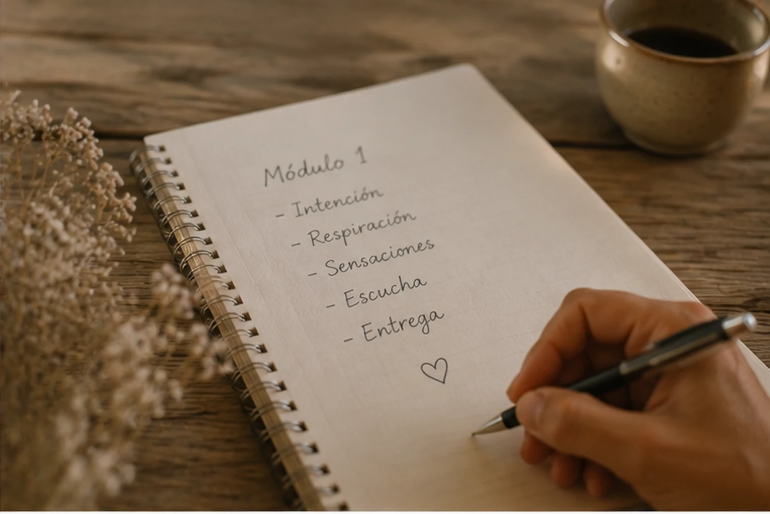 Cuaderno de notas, esterilla y té durante la formación de Amaris
